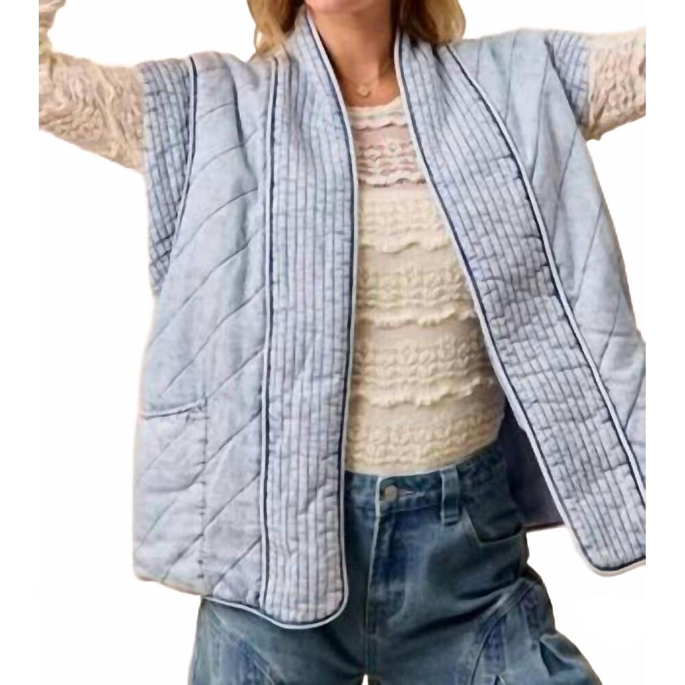 NEW BIBI quilted washed chambray vest in blue